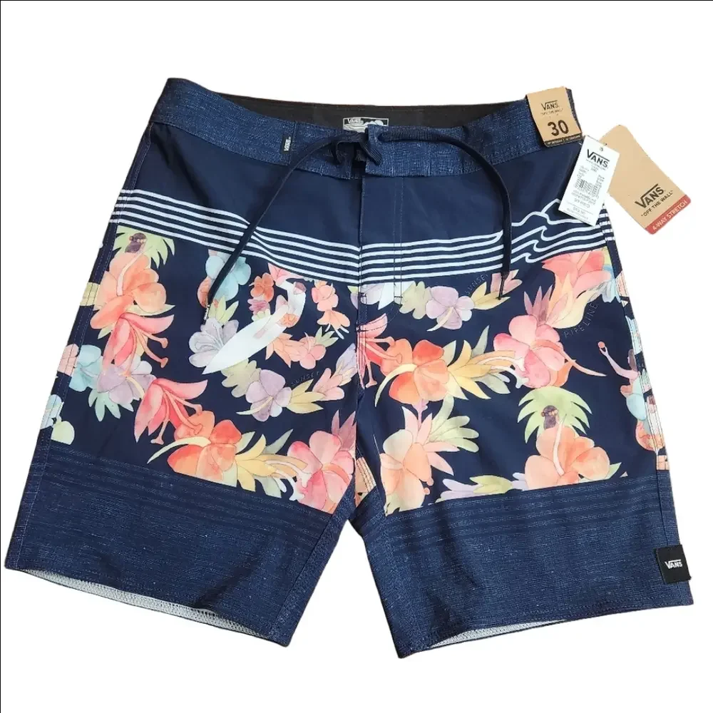 Vans Off The Wall swim Board Shorts Blue hawaiian Size 30 Mens NWT 8 inch inseam